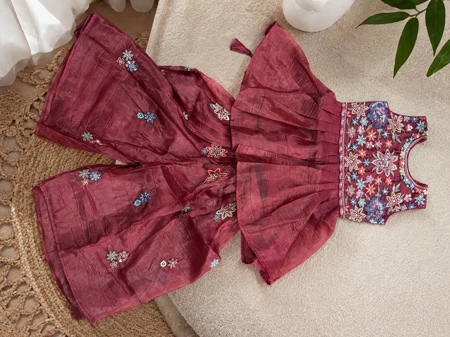 Ruby Blossom Embroidered Palazzo Set