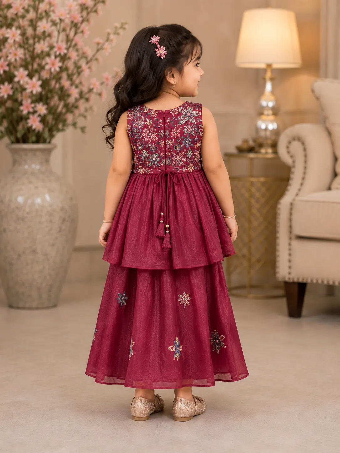 Ruby Blossom Embroidered Palazzo Set