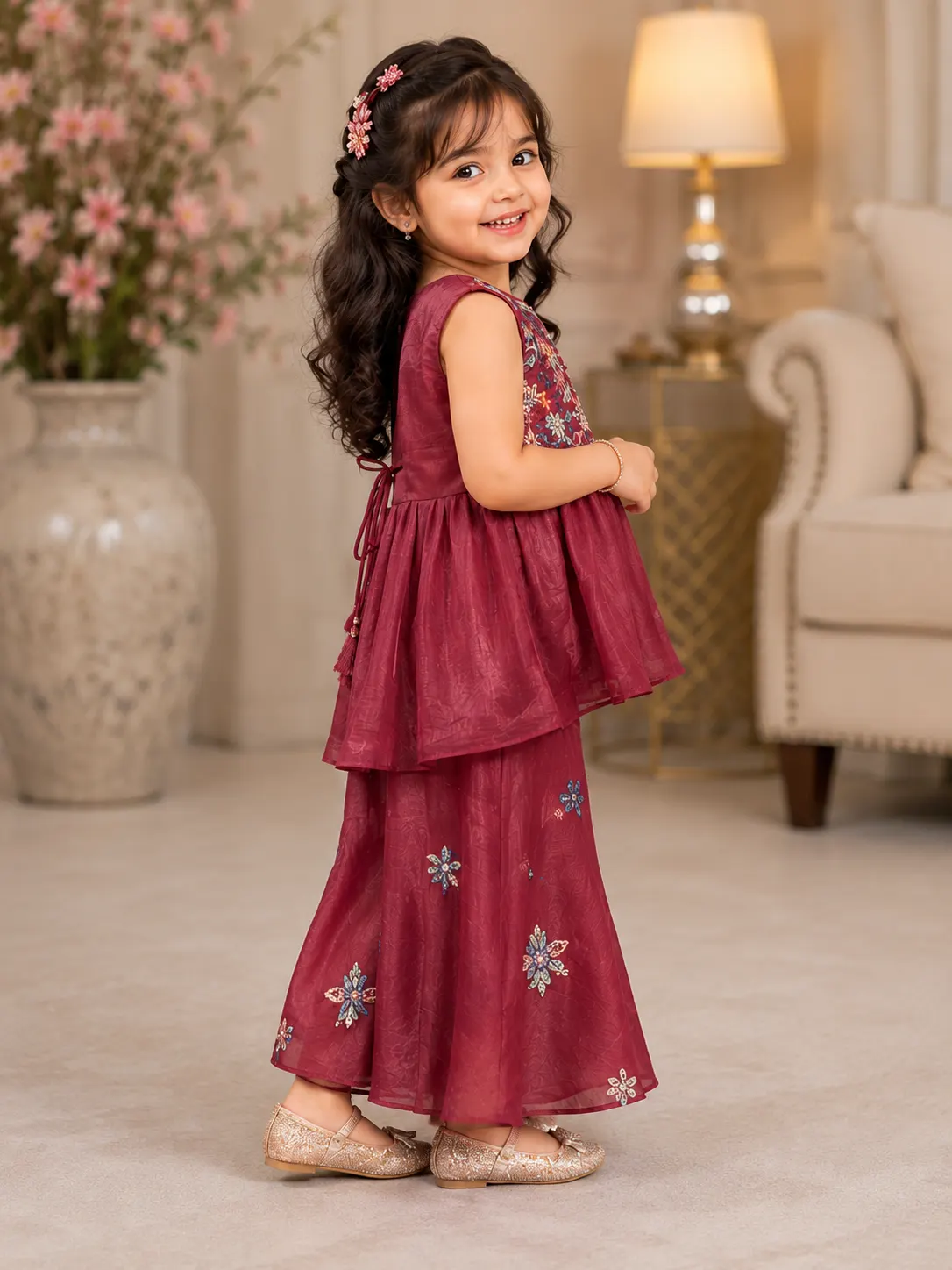Ruby Blossom Embroidered Palazzo Set